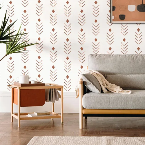 Vista 2 de Ismoon Papel tapiz bohemio para despegar y pegar, de 16.1 x 78.7 pulgadas, moderno papel de contacto geométrico beige/rojo oxidado, papel de pared