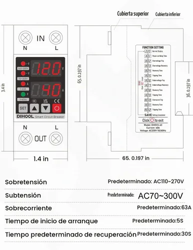 Vista 5 de DIHOOL Protector de voltaje ajustable 110V 220V, corte de bajo/alto voltaje y protección contra sobrecorriente, subvoltaje 70-200V, sobretensión