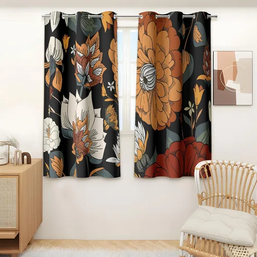 Vista 28 de Tyrot - Cortinas bohemias florales 100% opacas para dormitorio de 63 pulgadas de largo, 2 paneles. Cortinas botánicas de mediados de siglo