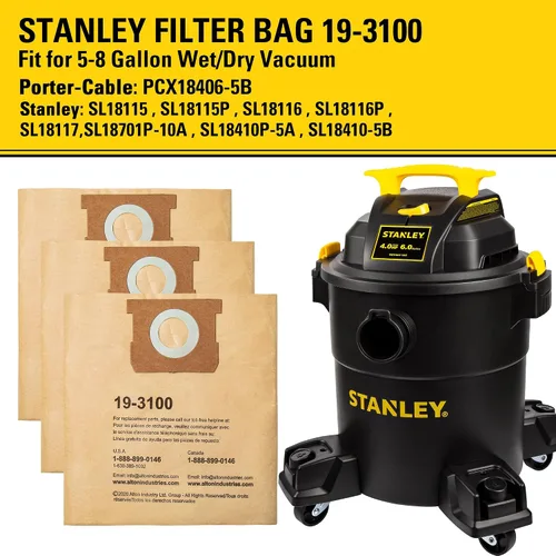 Vista 2 de Paquete de 3 bolsas de filtro STANLEY 19-3100, para aspiradora húmeda/seca de 5-8 galones, compatible con STANLEY SL18115 SL18115P SL18116 SL18116P