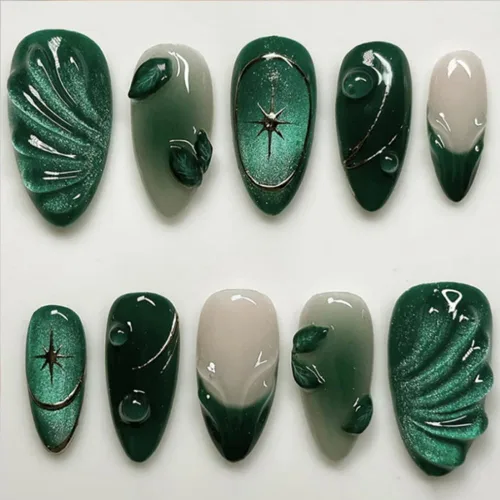 Vista 54 de Uñas postizas a presión medianas con diseño geométrico blanco almendra – 24 uñas postizas reutilizables de ABS brillante, fácil de aplicar, juego
