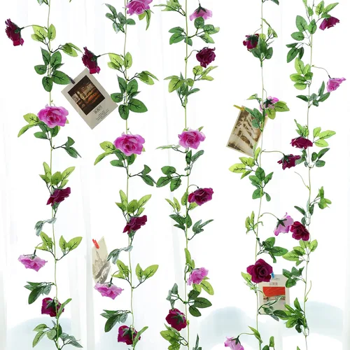 Vista 5 de Floweroyal Paquete de 2 guirnaldas de flores artificiales de 15.8 pies, flores de seda falsas de hiedra rosa para colgar en el arco de boda, fiesta