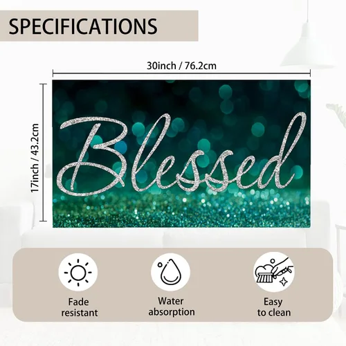 Vista 3 de TUBAMQ Felpudo de puerta Blessed de 17 x 30 pulgadas, tapete decorativo de bienvenida con purpurina bendita, parte trasera de goma antideslizante