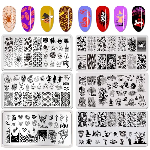 Vista 7 de Juego de 6 placas de estampado de uñas de Halloween, hojas de arce para otoño, kit de plantillas de estampación de uñas, fantasma, murciélago