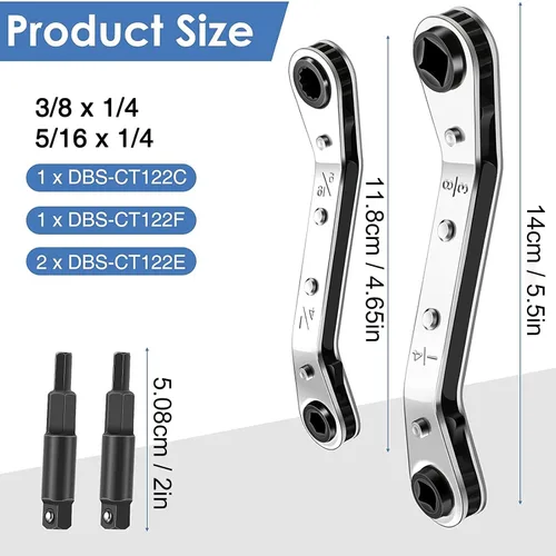 Vista 2 de AMAKO Llave de servicio HVAC, herramienta de acero inoxidable con trinquete para refrigeración, alta dureza con extremos de 3/8 a 1/4 pulgadas