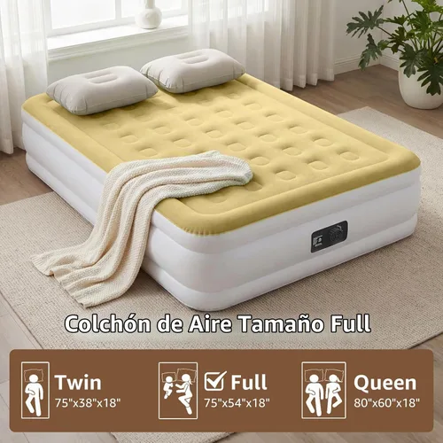 Vista 3 de YENING Colchón de aire tamaño completo con bomba incorporada, cama elevada doble inflable, cama de aire hinchable para camping eléctrico de 18 Beige
