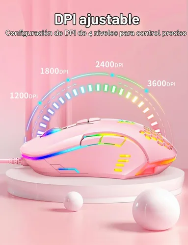 Vista 4 de Ratón con cable USB, ratón de ordenador con iluminación RGB, 4 DPI ajustables, ratón óptico ergonómico de oficina, 7 botones con cable para Rosa