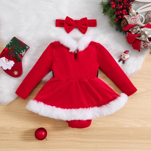 Vista 3 de Vestido de Navidad para niña pequeña, vestido de tul de princesa roja de Papá Noel con diadema