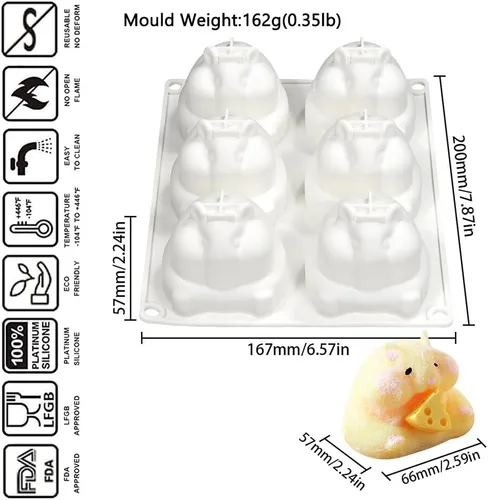 Vista 3 de Molde de silicona 3D para pastel de mousse, molde de silicona con forma de animal de hámster, 6 cavidades, molde de silicona flexible de fácil