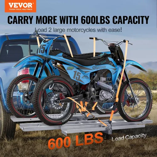 Vista 2 de VEVOR Portabicicletas, 2 bicicletas de 600 libras, soporte de enganche de motocicleta de aluminio, rampa de carga, transportador de remolque de moto