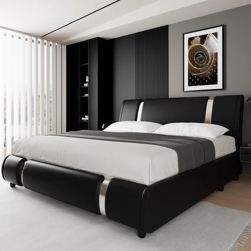 Vista 14 de TTVIEW Moderna base de cama tapizada de piel sintética con decoración de metal de hierro dorado, cabecera curvada ajustable, soporte de listones