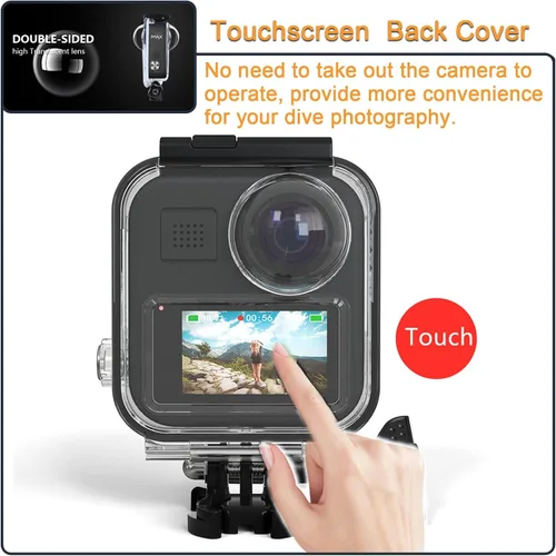 Vista 4 de Carcasa impermeable para GoPro MAX 360 con pantalla táctil, carcasa protectora de buceo subacuático con soporte para GoPro MAX360 Kit de accesorios