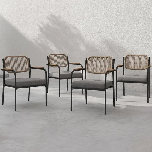Vista 14 de Juego de 2 sillas de comedor para exteriores, sillas de comedor de mimbre para patio con cojines extraíbles, silla de mesa rectangular para patio