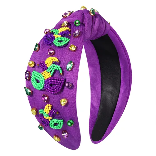 Vista 10 de Diadema de Mardi Gras para mujer, diadema de corona de flor de lis, diadema morada con diamantes de imitación y nudo superior, accesorios