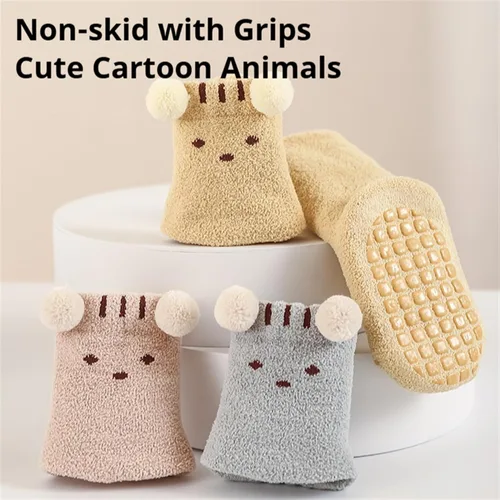 Vista 5 de Calcetines antideslizantes para bebés con agarres, calcetines gruesos y cálidos para niños y niñas, 5 pares