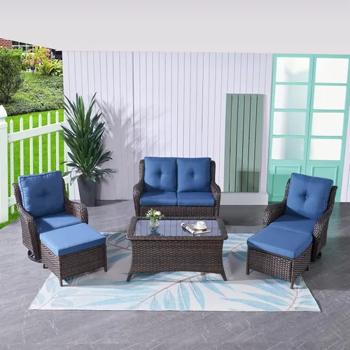 Vista 23 de HUMMUH Juego de 2 Sillas Giratorias Mecedoras de Mimbre para Patio Exterior, Juego de Muebles de Sillas Mecedoras de Ratán (Marrón, Azul) 50,000