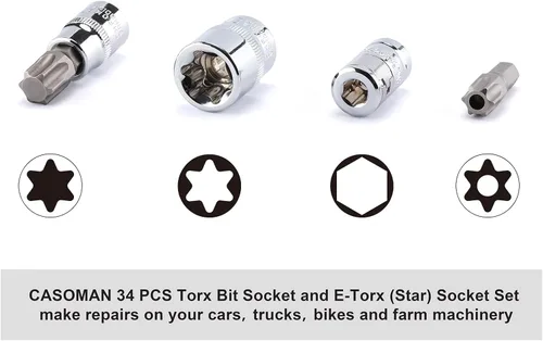 Vista 4 de CASOMAN 34 piezas de 3/8 pulgadas Torx Bit Socket y E-Torx (estrella) Juego de zócalos de acero CR-V y S2, E4-E20, T10-T60, a prueba