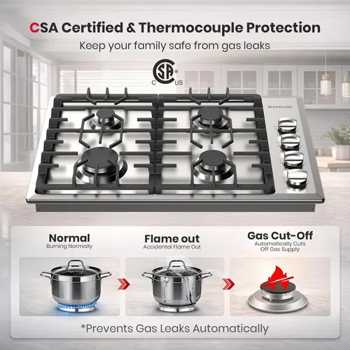Vista 7 de GASLAND Cocina de gas de 30 pulgadas con 4 quemadores PRO GH2304SS, cocinas de gas NG/GLP convertibles a gas natural y propano, encendido
