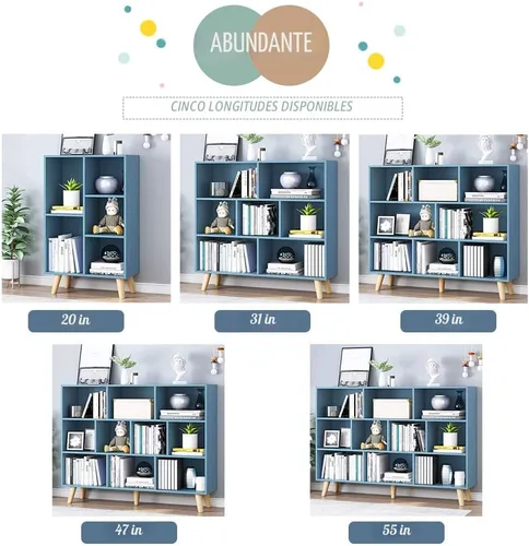 Vista 8 de IOTXY - Estantería de madera con espacios abiertos, 3 niveles, con patas, 5 cubos, color azul brillante Nordic Minimalist Style, MDF