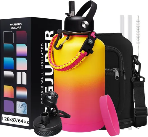 Vista 58 de Botella de agua aislada de 1 galón, con popote y tapa de pico automático, mango de paracord, funda para botella, botella de agua de acero inoxidable
