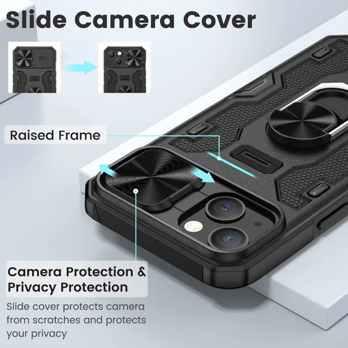 Vista 3 de Caka - Funda para iPhone 14 Plus con soporte y funda para cámara, color negro 360° Rotated Kickstand, Sliding Camera Lens Cover, Heavy Duty Hard