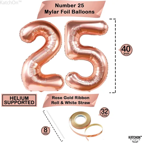 Vista 2 de KatchOn, Globos de oro rosa con el número 25, 40 pulgadas, decoraciones de cumpleaños de 25 para mujer, globos de cumpleaños de 25 años