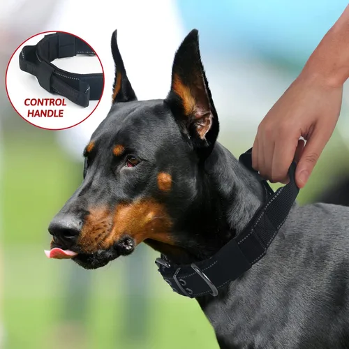 Vista 2 de Collar reflectante para perro táctico resistente con asa de control y hebilla de metal para entrenamiento de perros (M, negro)