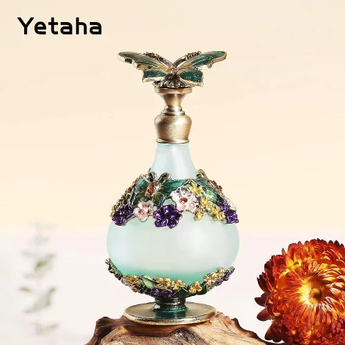 Vista 4 de Yetaha Botella de perfume de mariposa antigua, botella de decoración de flores rellenable, botella de cristal esmaltada con joyas para el día de San