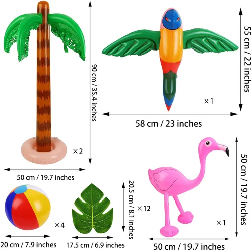 Vista 3 de Ruisita Juego inflable de 57 piezas para fiesta Luau, incluye palmeras inflables, plátano, bolas de playa, flamenco, juguetes de flamenco, loro