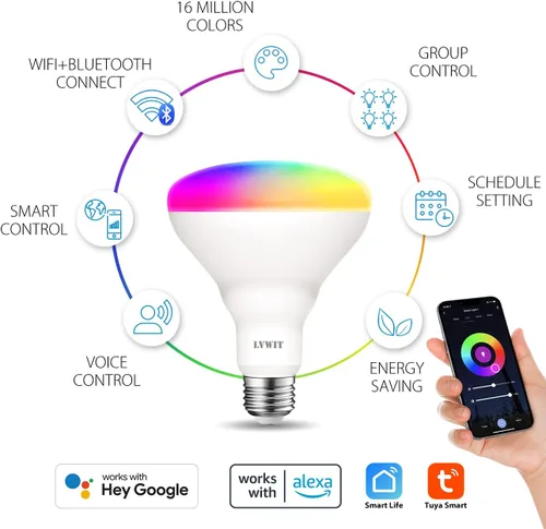 Vista 8 de LVWIT Bombillas inteligentes Alexa, BR30 equivalente a 60 W, LED inteligente E26, funciona con Google Assistant, aplicación Smart Life, aplicación