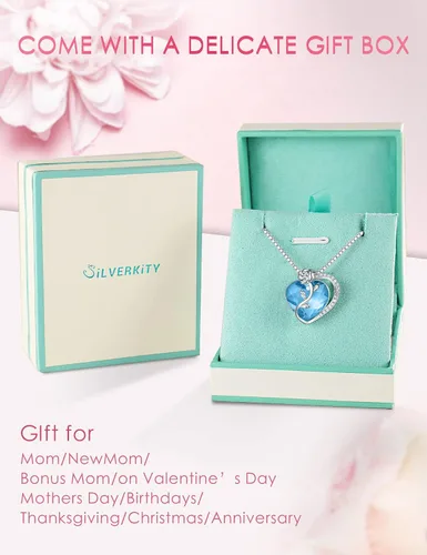 Vista 5 de SILVERKITY 925 Sterling Silver Rose Flower Heart Birthstones Necklace for Women with Austria Crystal, Pendants Gifts, Anniversary Birthday Jewelry