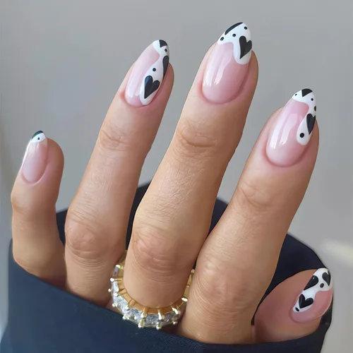 Vista 8 de 24 uñas postizas medianas a presión, color blanco y negro, uñas con pegamento en forma de almendra, uñas postizas brillantes con diseños, uñas