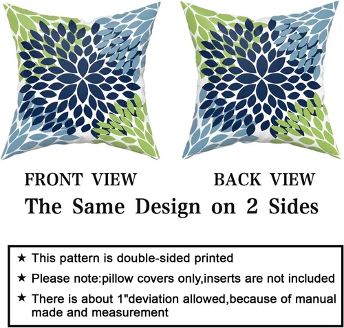 Vista 4 de Juego de 2 fundas de almohada de 18 x 18 pulgadas, diseño de dalias de color azul claro, modernas, rústicas, decorativas, de algodón, con Azul