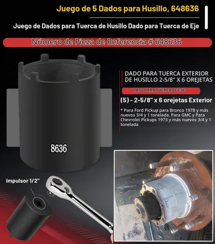 Vista 5 de Camoo 648636 Juego de llaves de tuerca de husillo, 5 piezas de enchufes de tuerca de eje para Ford Dana 50 60, para Dodge, Chevrolet y GMC de 1/2