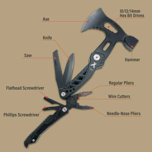 Vista 3 de Bear Grylls Hacha Multiherramienta Martillo – Con cuchillo, abrebotellas, hacha, funda de nailon, sierra, destornillador, silbato – táctico