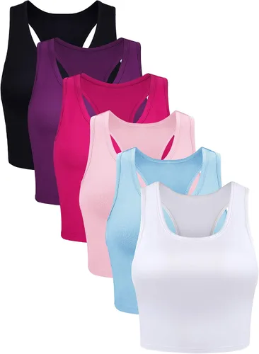 Vista 6 de 6 piezas de camisetas básicas sin mangas con espalda cruzada deportivas, cortas, para mujeres y niñas, uso diario