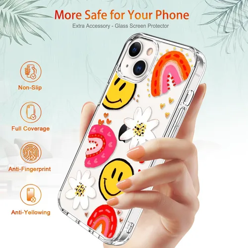 Vista 6 de Funda para iPhone 13 con protector de pantalla, transparente con diseño floral para niñas y mujeres, a prueba de golpes, con funda de parachoques