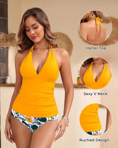 Vista 2 de Yonique Traje de baño de dos piezas para mujer, tankini con control de abdomen, talla grande, cuello halter en V