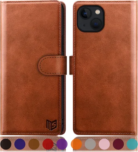 Vista 9 de SUANPOT Funda tipo cartera para iPhone 14 Plus de 6.7 pulgadas con bloqueo RFID, tarjetero de crédito, funda protectora de piel sintética con tapa