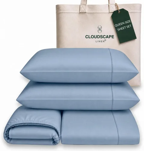 Vista 15 de Cloud Scape Linen - Juego de sábanas de algodón egipcio de doble capa, tamaño individual, tejido de satén de fibra larga, juego de 3 piezas, ropa