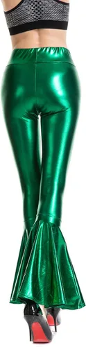 Vista 4 de Pantalones acampanados y metálicos brillantes para mujer, diseño de sirena de aspecto húmedo, elásticos, de cintura alta, de cuero, para discoteca