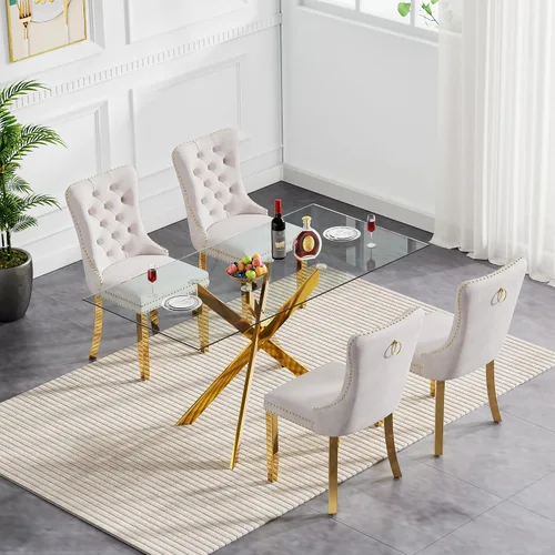 Vista 2 de Juego de mesa de comedor de cristal para cocina de 4, 5 piezas, mesa de comedor rectangular de 51 pulgadas con 4 sillas de cocina de terciopelo