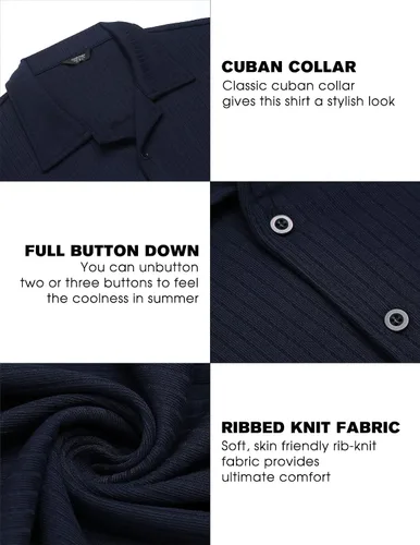 Vista 4 de COOFANDY Camisas de verano con botones para hombre, camisas cubanas de manga corta, camisas de playa ajustadas