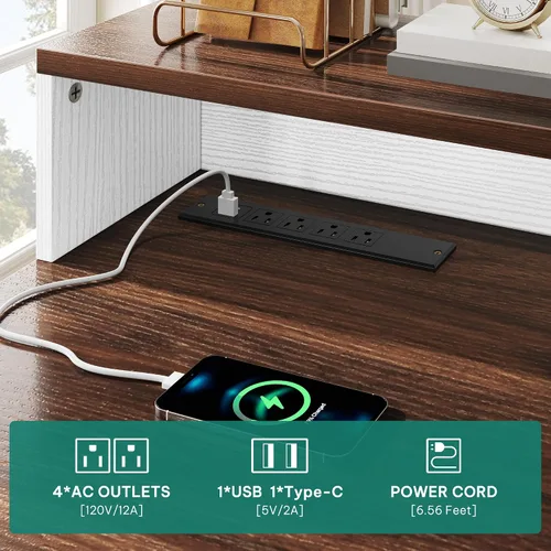 Vista 5 de YITAHOME Conjunto de Escritorio y Taburete para Computadora con 5 Cajones, Escritorio de Oficina con Tomas de Corriente y Luces LED, Escritorio