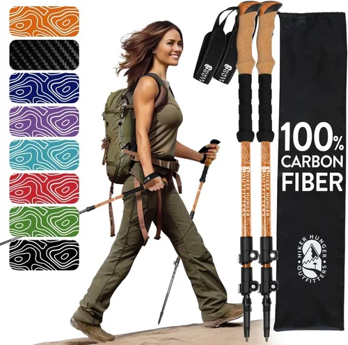 Vista 21 de 100% Carbon Fiber Trekking Poles by USA Brand - Ultra Strong Lightweight Collapsible Hiking Poles with Cork and EVA Foam Grips & Quick Adjustable