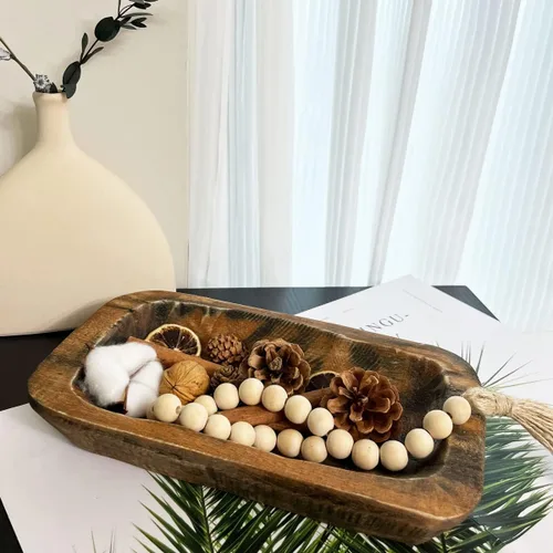 Vista 7 de Cuencos de masa de madera decorativos, cuencos largos rústicos para decoración de pan, bandeja de madera, tallados a mano para decoración de centro