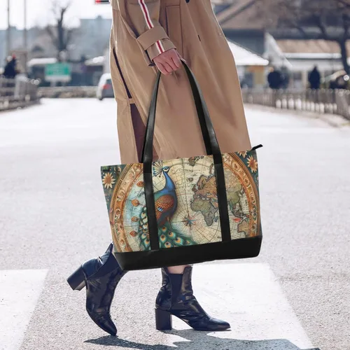 Vista 6 de Vintage Peacock patrón simple mujer trabajo tote bolsa con cremallera bolsa 14 pulgadas para mujeres trabajo con bolso para laptop mujer