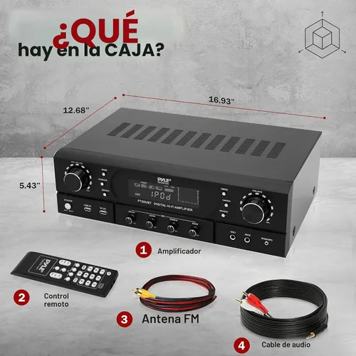 Vista 7 de Pyle Amplificador receptor de cine en casa Bluetooth – Amplificador de potencia máxima de 180 W con agudos, graves, control de eco, MP3/USB/FM