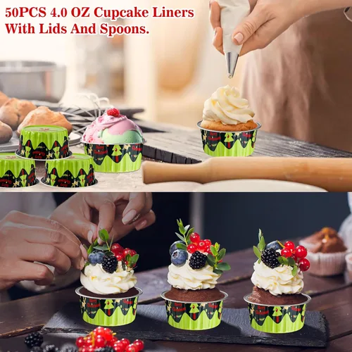 Vista 7 de 50 moldes desechables de papel de aluminio para cupcakes, mini moldes para pasteles de 4 onzas con tapas, moldes de aluminio para hornear
