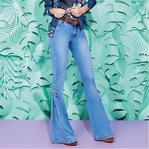 Vista 2 de Andongnywell - Pantalones de mezclilla acampanados con cordones para mujer, cintura media, pierna ancha, corte de bota, pantalones de mezclilla